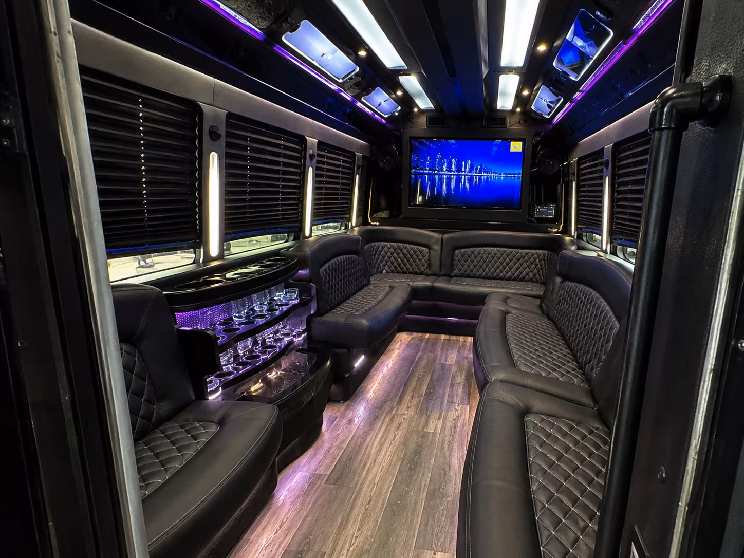 Group beside a Mercedes Sprinter limo in Las Vegas
