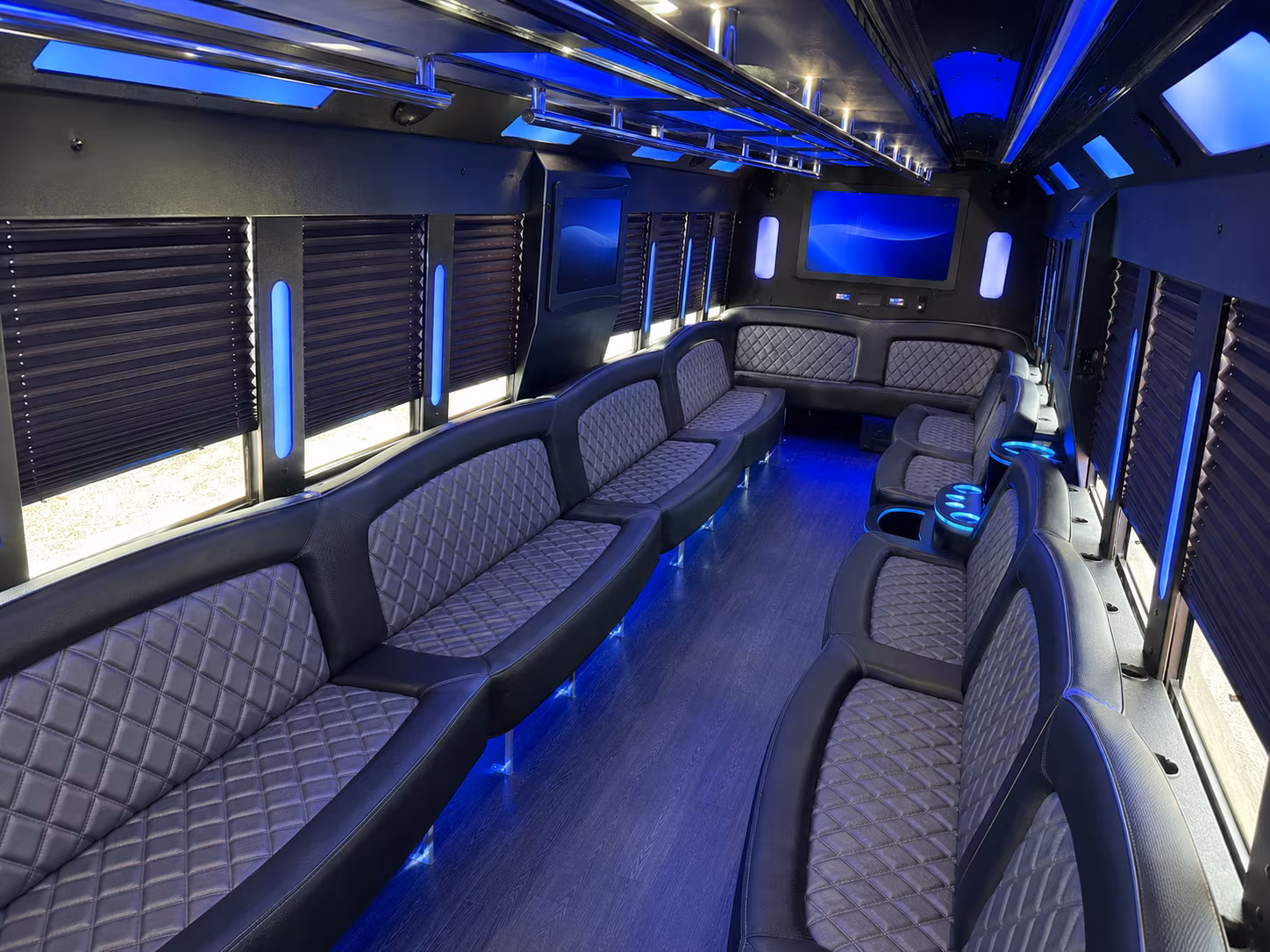 Passenger seating aboard a party bus rental serving Las Vegas